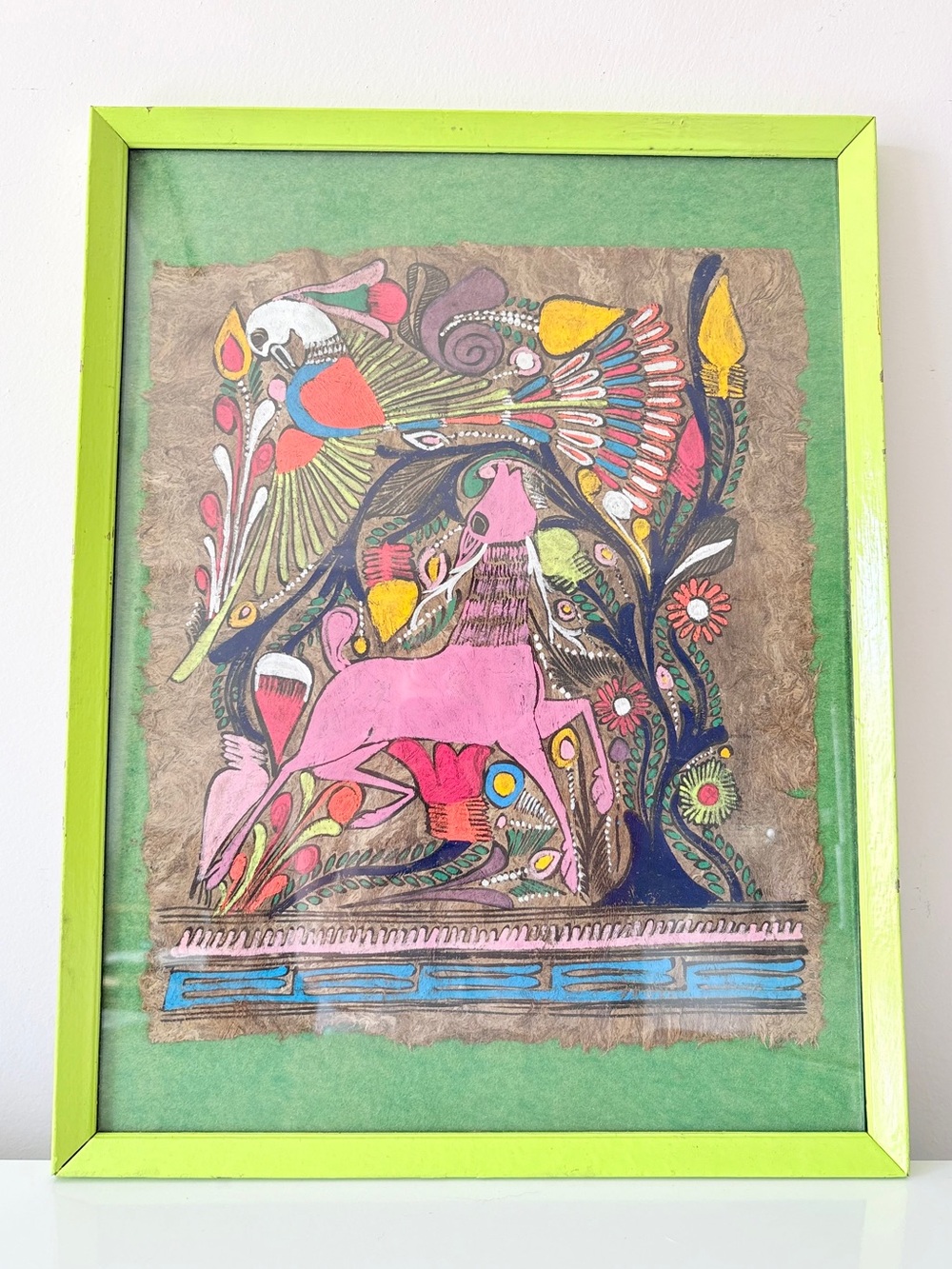 Vintage Papel Amate Mexican Folk Art Painting Framed in Lime Green Frame 13x17”